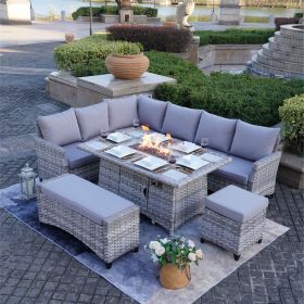 5-Piece Gray Wicker Outdoor Conversational Sofa Set with Fire Pit Table and Ottoman 5-Piece Gray Wicker Outdoor Conversational Sofa Set with Fire Pit Table and Ottoman
