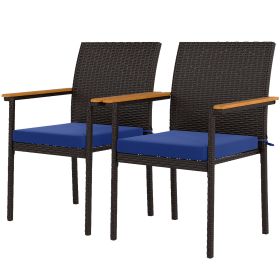 Stackable Patio Wicker Dining Chair Set of 2 with Cushions, Backrest, Armrests for Deck, Garden, Navy Blue Stackable Patio Wicker Dining Chair Set of 2 with Cushions, Backrest, Armrests for Deck, Garden, Navy Blue